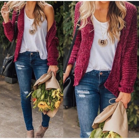 LAST: Large Soft Chenille Cardigan in Wine - Picture 2 of 4